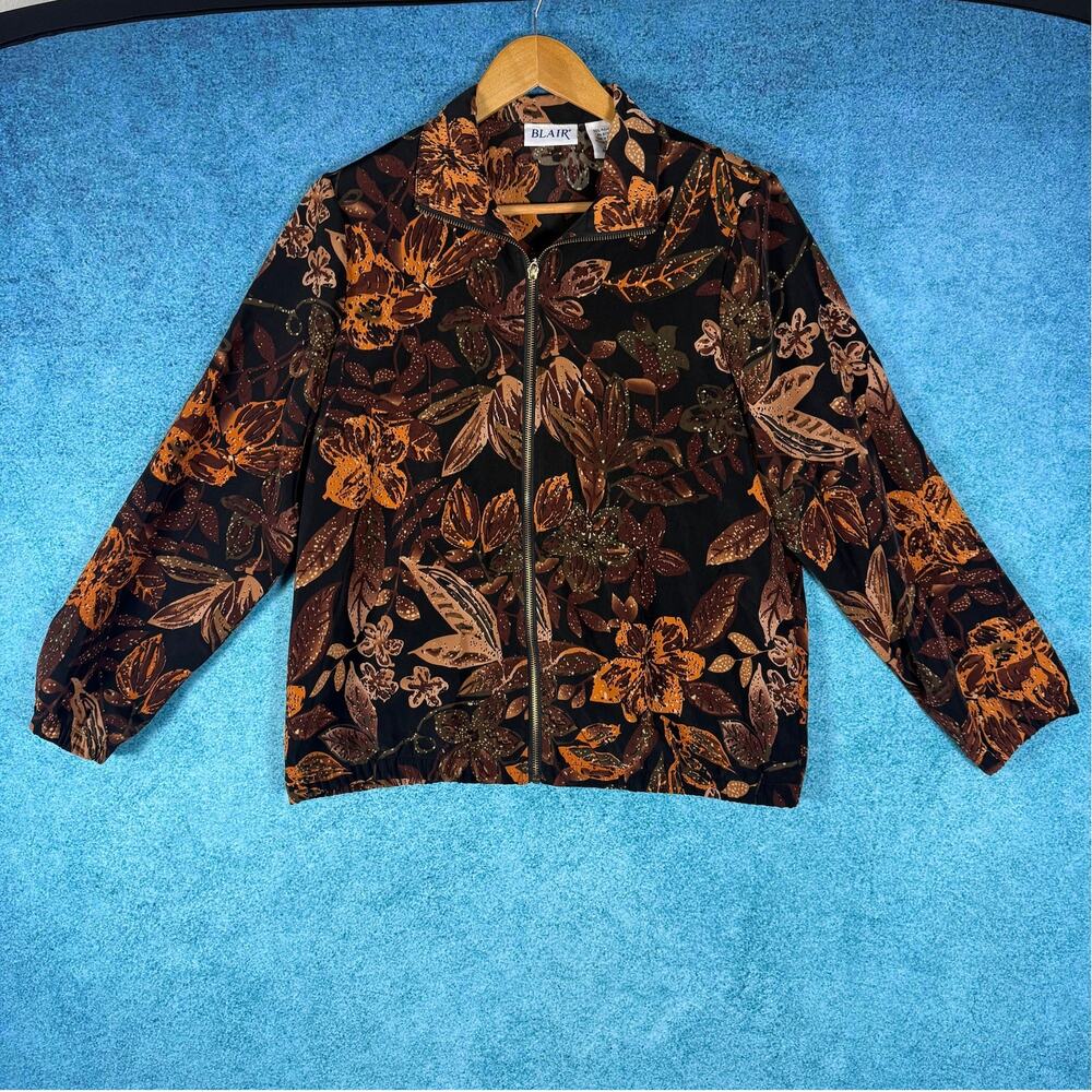Vintage Blair Floral Zip Jacket Brown Orange Lightweight Retro Small